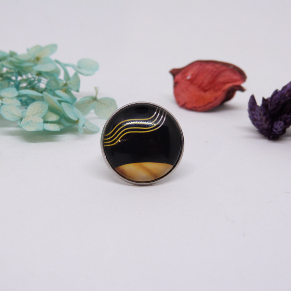 Bague en acier inoxydable ajustable avec cabochon à lignes