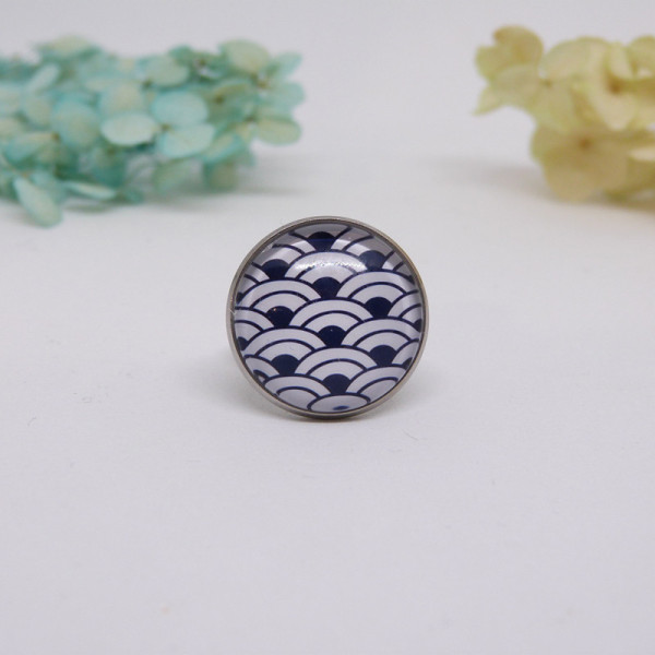 Bague ajustable blanche et bleu en acier inoxydable